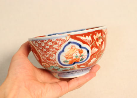 明治前期色絵獅子牡丹と幾何学文図飯茶碗②窯傷