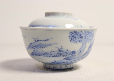 明治後期~大正染付山水図蓋茶碗①