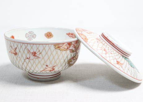明治前期色絵網手に鶴と梅に鶯図通り物蒸茶碗②高台ホツ,高台内柄無し