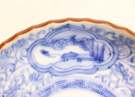 明治前期染付三方に山水窓絵と萩唐草図イゲ縁通り物小皿