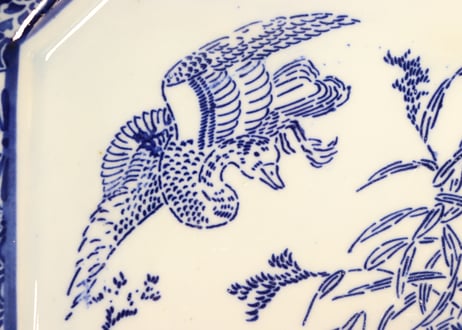 明治前期紙刷水鳥と青海波図角皿　ノミホツ