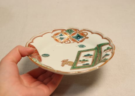明治前期色絵松図屏風と犬図5寸皿
