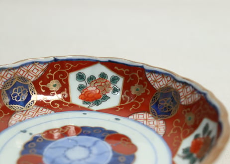 江戸幕末色絵牡丹と青玉図通り物なます皿　染料飛び,窯傷