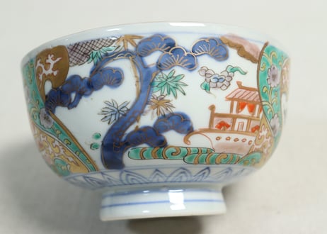 明治前期色絵鶴と松竹梅図通り物蒸茶碗