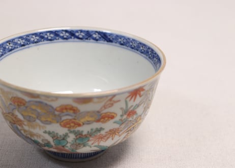 明治前期色絵三方松竹梅と花鳥図通り物飯茶碗