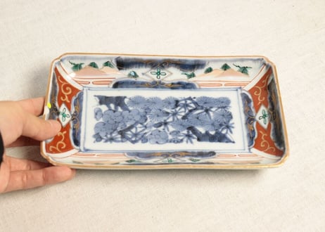 【金継ぎ用】江戸中期色絵松竹梅に杉図長皿 ホツ