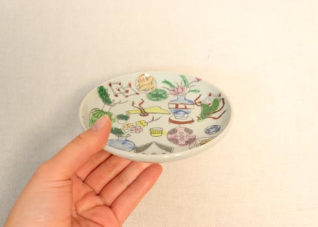 明治後期～大正色絵プリントお道具散らし図小皿　釉擦れ