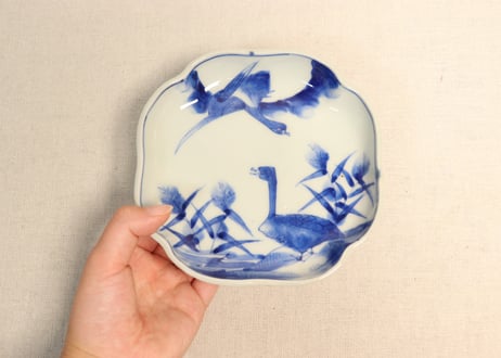江戸幕末染付芦に水鳥図入隅角皿