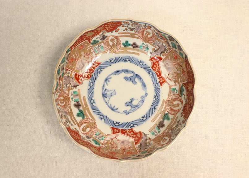 明治前期色絵鶉と鶴丸図大なます皿② 見込み薄め | 吉祥寺PukuPuku