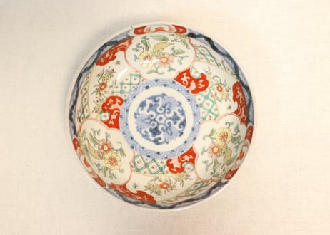 明治前期色絵獅子牡丹と草花図6寸鉢