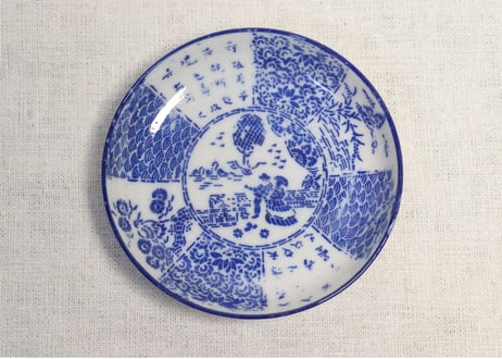 明治前期紙刷気球と洋装人物図小皿