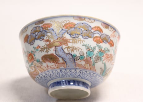 明治前期色絵三方松竹梅と花鳥図通り物飯茶碗
