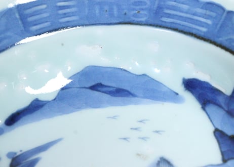 江戸幕末染付山水図鍔縁なます皿①　釉切れ