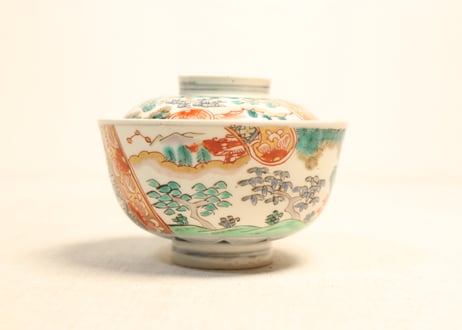 明治前期色絵山水図飯茶碗