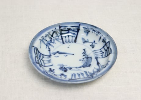 明治後期~大正染付山水と窓絵図小皿 色薄め