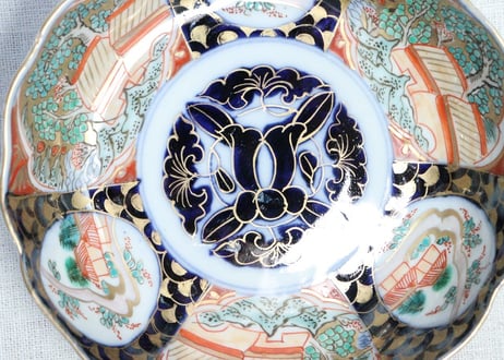 明治前期色絵山水風景と青海波図なます皿②かたつき