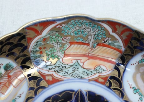 明治前期色絵山水風景と青海波図なます皿①