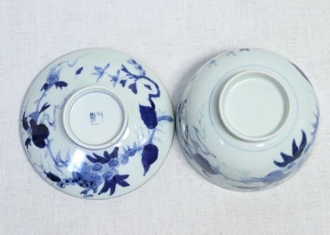 江戸後期染付柘榴と菊図蒸茶碗　フリモノ