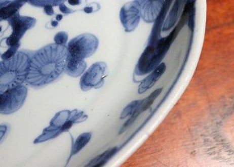 江戸中期染付流水に菊図舟形皿①