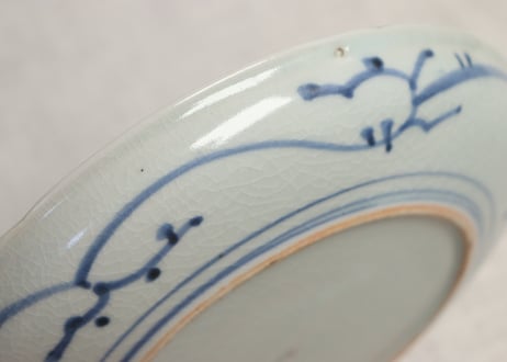 江戸中期染付岩と植物図6.5寸皿 甘手,小ホツ