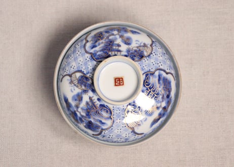 明治前期金彩染付山水図蓋茶碗