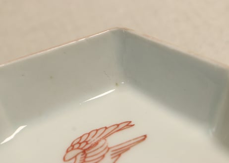 明治後期～大正色絵紅葉と鳥図縁立菱形皿②釉剥げ