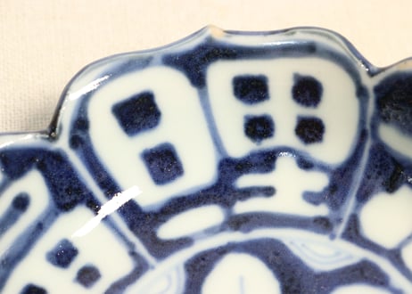 江戸後期染付文字図五弁なます皿 5客組(4客ノミホツ,1客ニュウ)