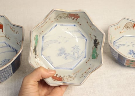 明治前期色絵馬と幾何学文八角三ツ組鉢 大のみ甘手
