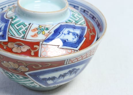 江戸幕末色絵松竹梅と幾何学文割絵蓋茶碗