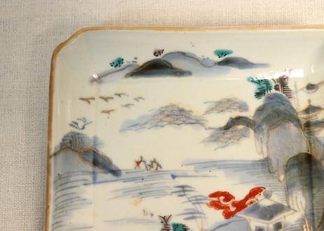 江戸中期色絵山水図角皿①