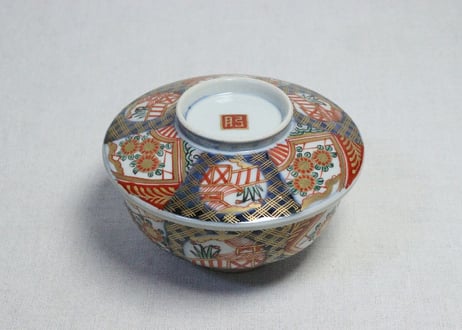 明治前期色絵扇面に菊図通り物蒸茶碗