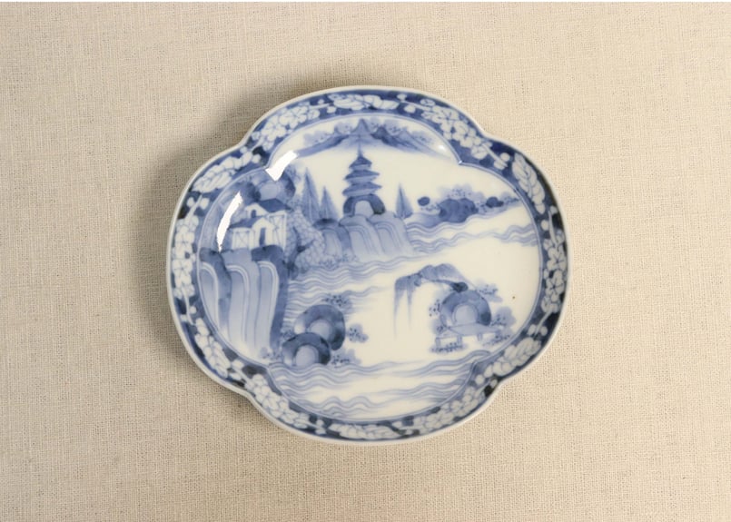 江戸後期 手描き色絵『浜松山水風景』大型盛鉢 飾皿 正絹仕覆付 共箱 茶事茶道具 古伊万里 染付 山水風景鳥画 盤形 平向付 5客セット - 生活骨董