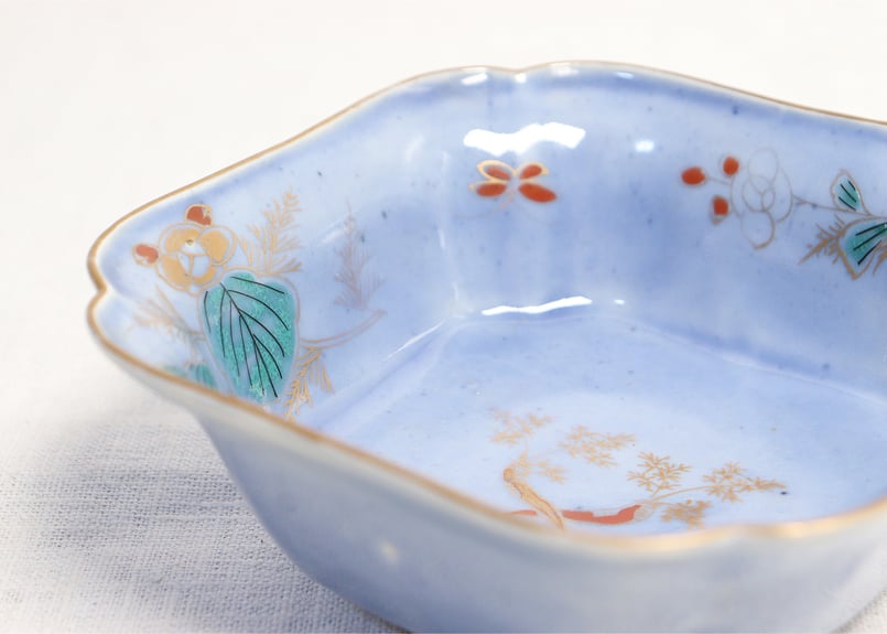 淡路珉平焼 薄瑠璃薔薇の図 瑠璃釉青交趾陽刻 豆皿5客(江戸後期骨董古