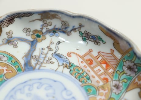 明治前期色絵鶴と松竹梅図通り物小皿