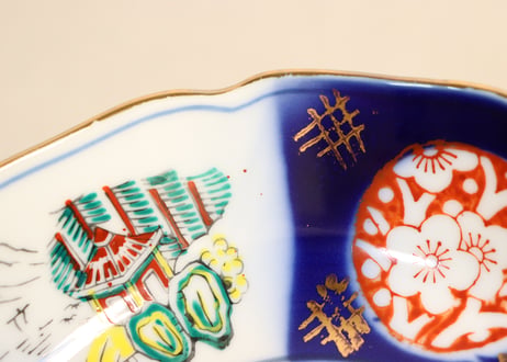 昭和戦前ゴム判色絵山水と梅図なます皿