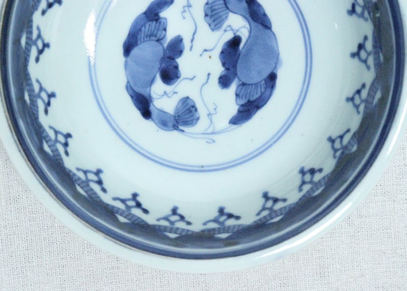瀬戸焼　古瀬戸　書道具　染付　花鶴文　瓢箪形　筆洗　水盂　F　R7455 瀬戸焼 古瀬戸 書道具 染付 花鶴文 瓢箪形 筆洗 水盂