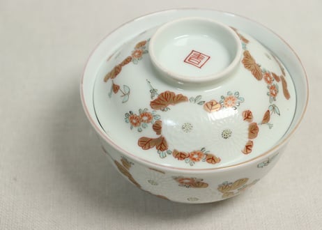 明治前期色絵三方菊図通り物飯茶碗