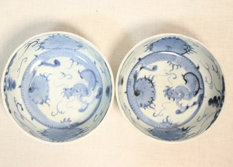 江戸中期染付龍と宝珠図春寒鉢
