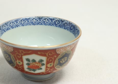 江戸幕末色絵牡丹と青玉図通り物飯茶碗