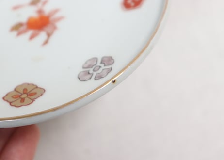 明治前期色絵網手に鶴と梅に鶯図通り物蒸茶碗②高台ホツ,高台内柄無し