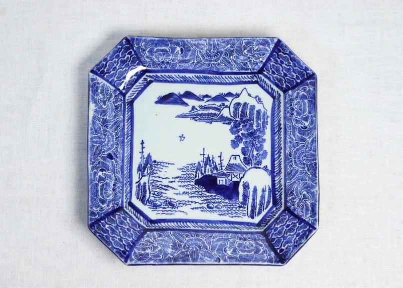 明治前期紙刷山水図角皿 少かたつき | 吉祥寺PukuPuku