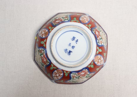 明治前期大聖寺焼色絵四方に宝と鶴図八角なます皿②ノミホツ