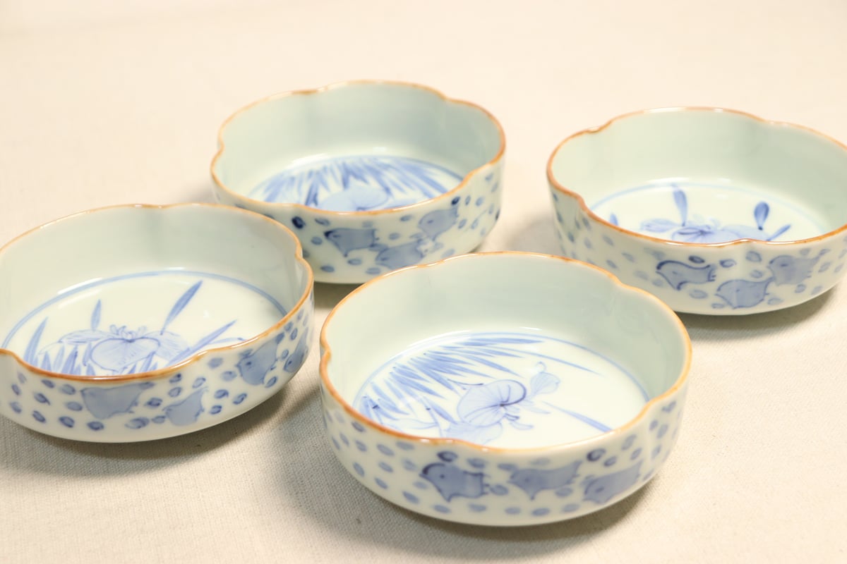 波千鳥　印判手　小物入れ　花器　明治　大正　戦前　小鳥　古民芸　染付　水盤　陶器 明治前期染付菖蒲と波千鳥図五弁小鉢 | 吉祥寺PukuPuku