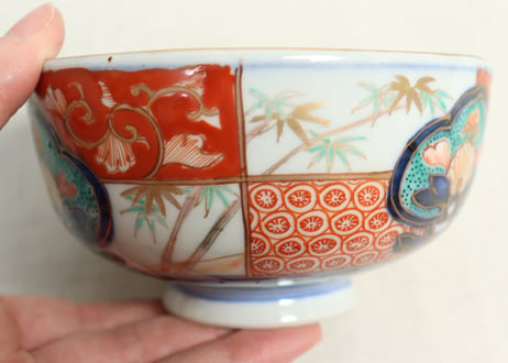 明治前期色絵市松に松竹梅図蒸茶碗①