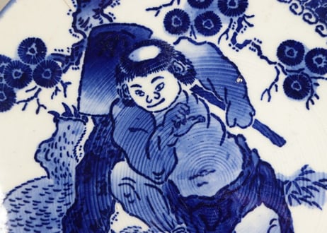 明治前期紙刷金太郎と熊図9.5寸皿　少甘手,アタリキズ,小ニュウ