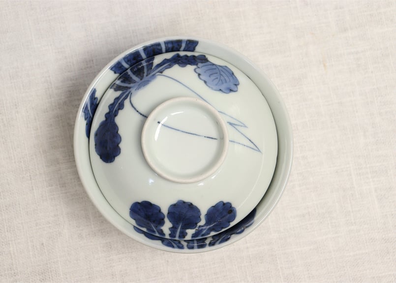 江戸後期染付大根図蓋茶碗5客組 内1客ノミホツ | 吉祥寺PukuPuku