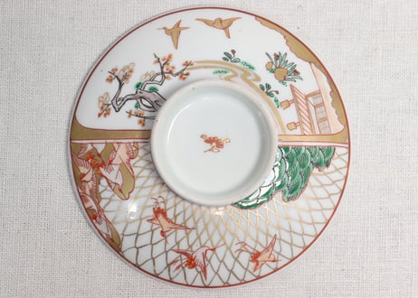 明治前期色絵網手に鶴と梅に鶯図通り物蒸茶碗①