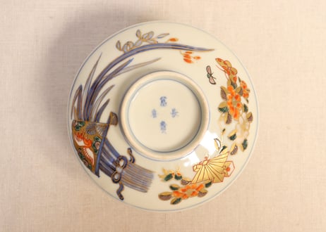 明治前期色絵牡丹と扇に春蘭図蒸茶碗② 少甘手