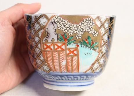 明治前期色絵桜と万年青図角向付