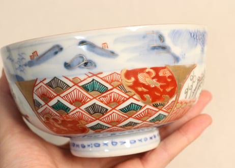 明治前期色絵柴垣に梅と龍図通り物蒸茶碗